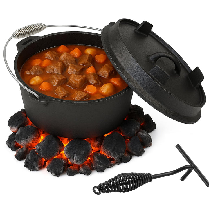 QLS Gusseisen Feuertopf 6 L Dutch Oven mit Deckel für Grill Lagerfeuer | Massives Gusseisen speicher