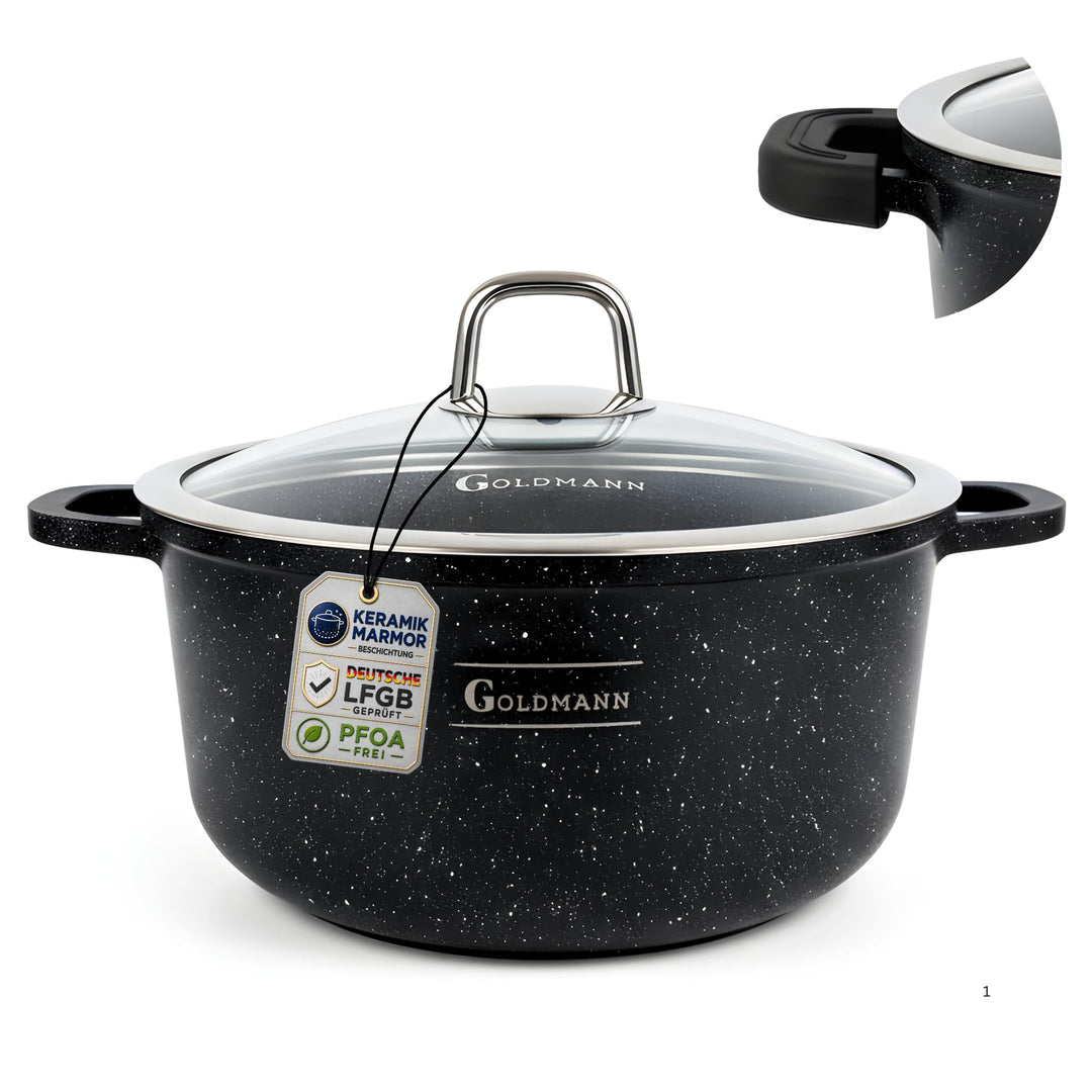 GOLDMANN Premium Gussaluminium Kochtopf 20 cm (2,3 L) – Keramik-Marmor Antihaft-Kasserolle mit Glasd