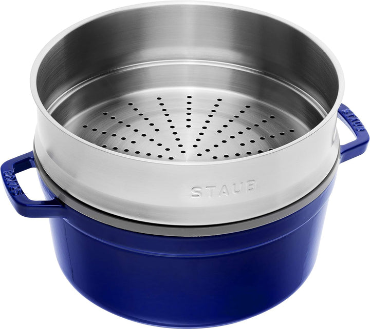 STAUB Gusseisen Bräter/Cocotte, mit Dämpfeinsatz, Rund 26 cm, 5,2 L, Aromaregen Funktion, Für alle H