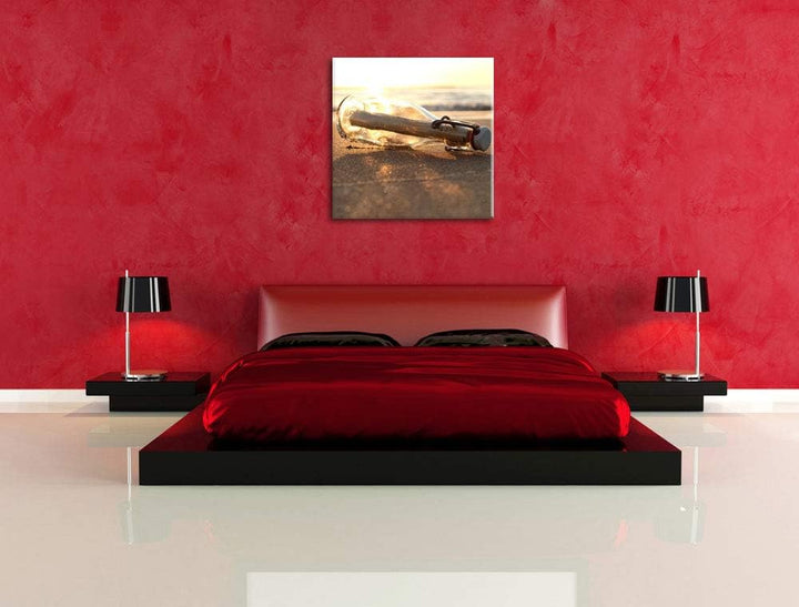 Flaschenpost am Strand, Format: 70x70 auf Leinwand, XXL riesige Bilder fertig gerahmt mit Keilrahmen