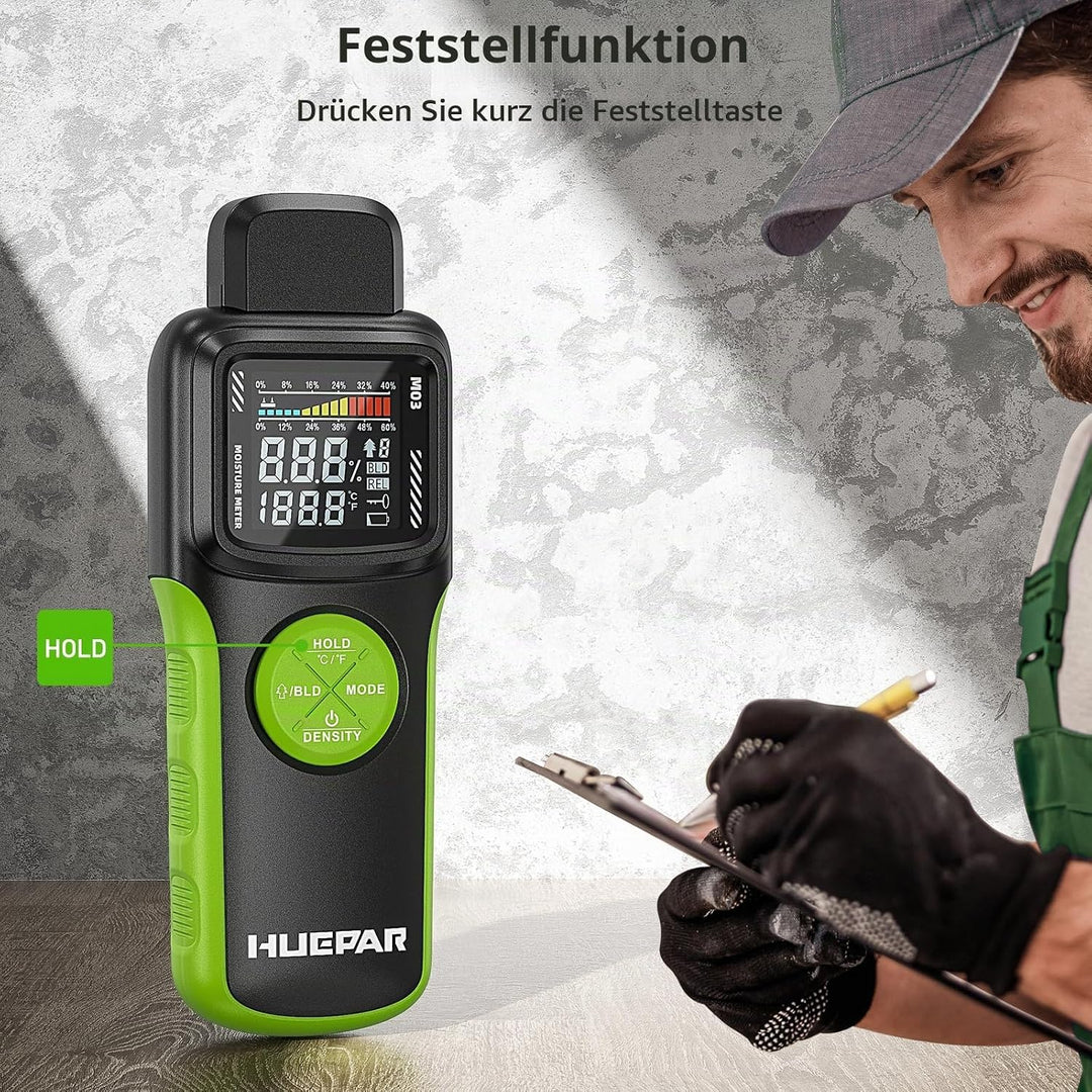 Feuchtigkeitsmessgerät, Huepar Pin &amp; Pinless Feuchtigkeitsmesser Detector für Holz oder Baustoff, Fe