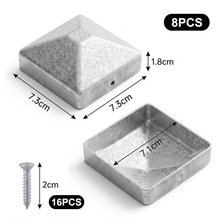8 Stück Pfostenkappe 7x7cm, Quadratisch Zaunpfahlkappe Verzinkt | Pfostenkappen mit 16 Schrauben, Me