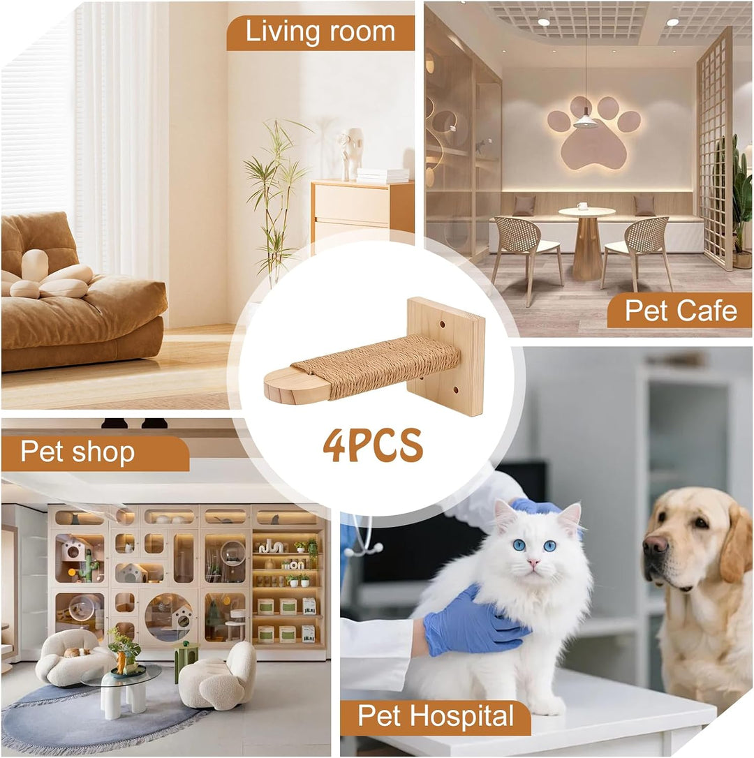4er-Pack Katzentreppe Wand, Naturholz Kletterwand Katzen, Katzen Kletterwand Set, aus 2cm Massives G