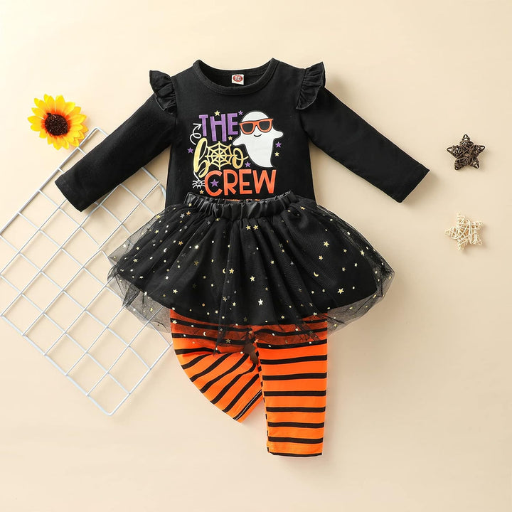 Verve Jelly Baby Mädchen Halloween Kleidung Rüschen Langarm Kürbis Tops Tüll Tutu Rock Gestreifte La