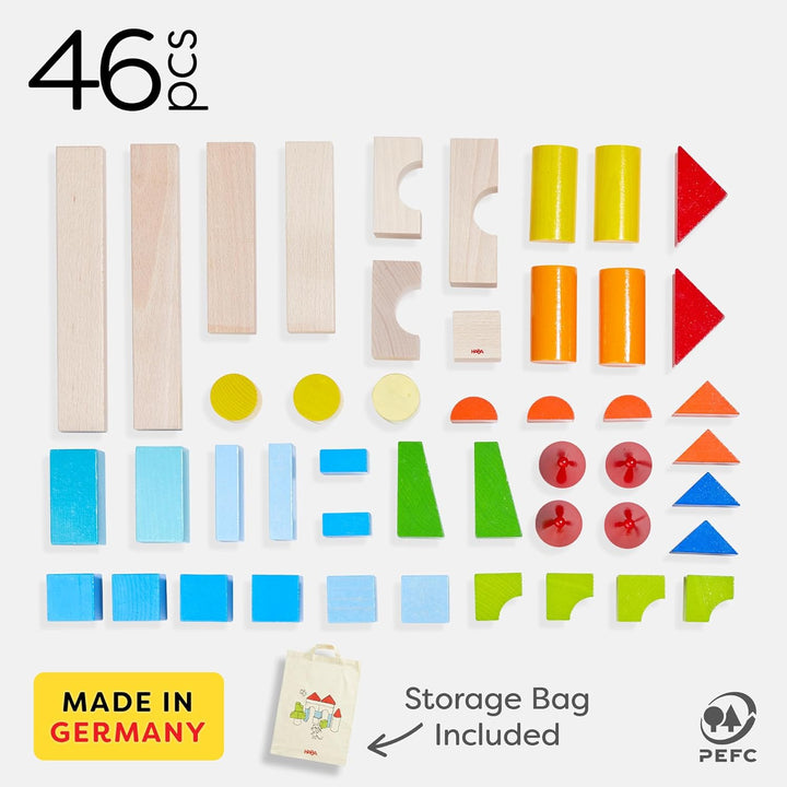 HABA Meine ersten Bausteine - 46 Bunte Holzbausteine mit Baumwolltasche - Made in Germany - Für Kind
