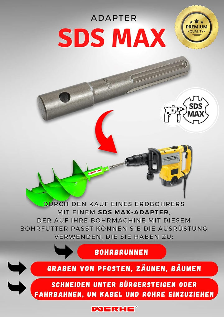 WERHE Profi Erdbohrer Adapter Set passend für SDS Plus Bohrhammer Pfahlbohrer und auch für SDS Max A