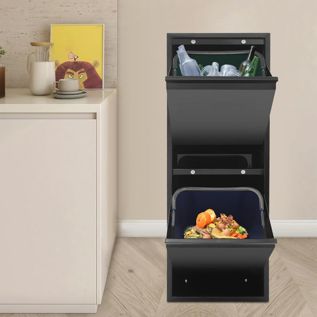 Abfall- und Recycling-Schrank mit 2 Eimern, 15 Gallonen, Schwarz Blau Grün, Edelstahl und Kunststoff