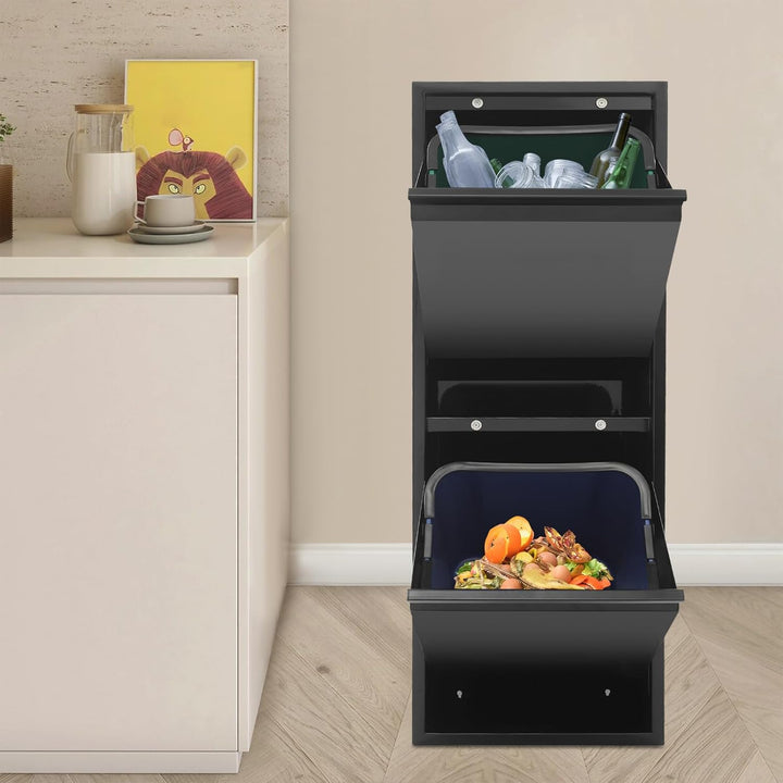 Abfall- und Recycling-Schrank mit 2 Eimern, 15 Gallonen, Schwarz Blau Grün, Edelstahl und Kunststoff