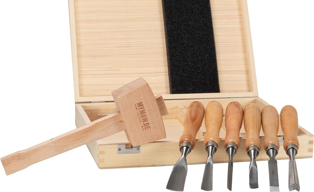 Schnitzeisensatz 7-tlg Schnitzwerkzeug mit Klüpfel Schnitzeisen Stechbeitel Holz
