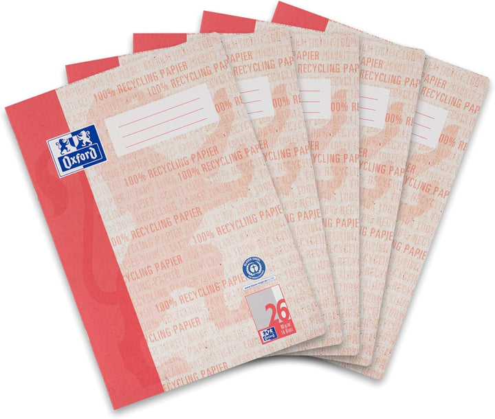 Oxford Recycling Schulheft A4, kariert mit Rand, Lineatur 26, 16 Blatt, 5 Stück & Recycling Schulhef