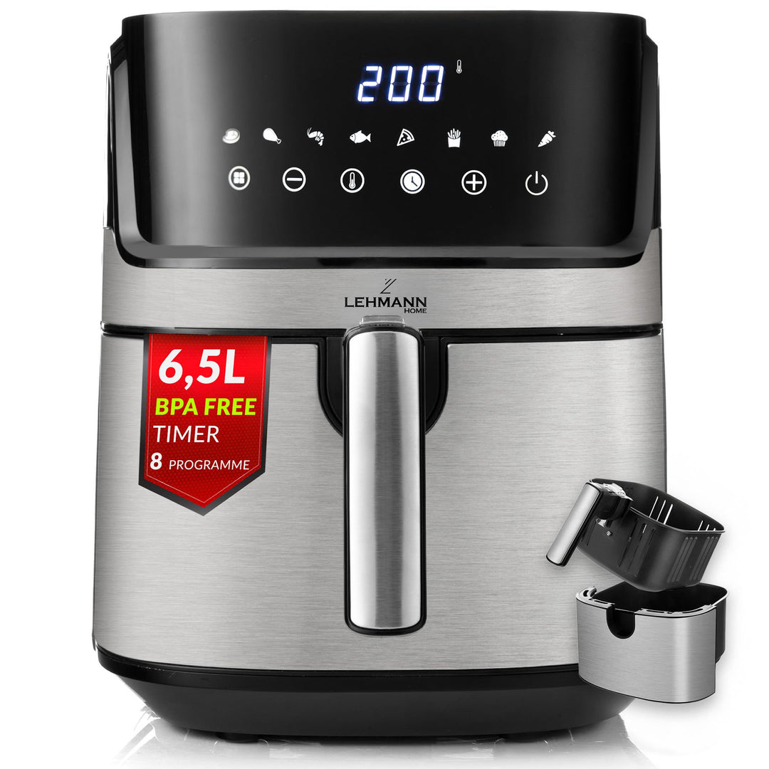LEHMANN Heissluftfritteuse XL 6,5L, 8 Programme, Grosse Metallkammer, Digitales Display, Timer, Anti