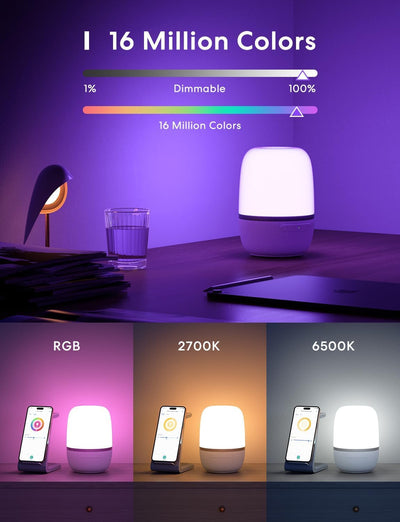 RGBCW WLAN LED Nachttischlampe funktioniert mit Apple HomeKit, Meross RGBCW Dimmbar Atmosphäre Tisch