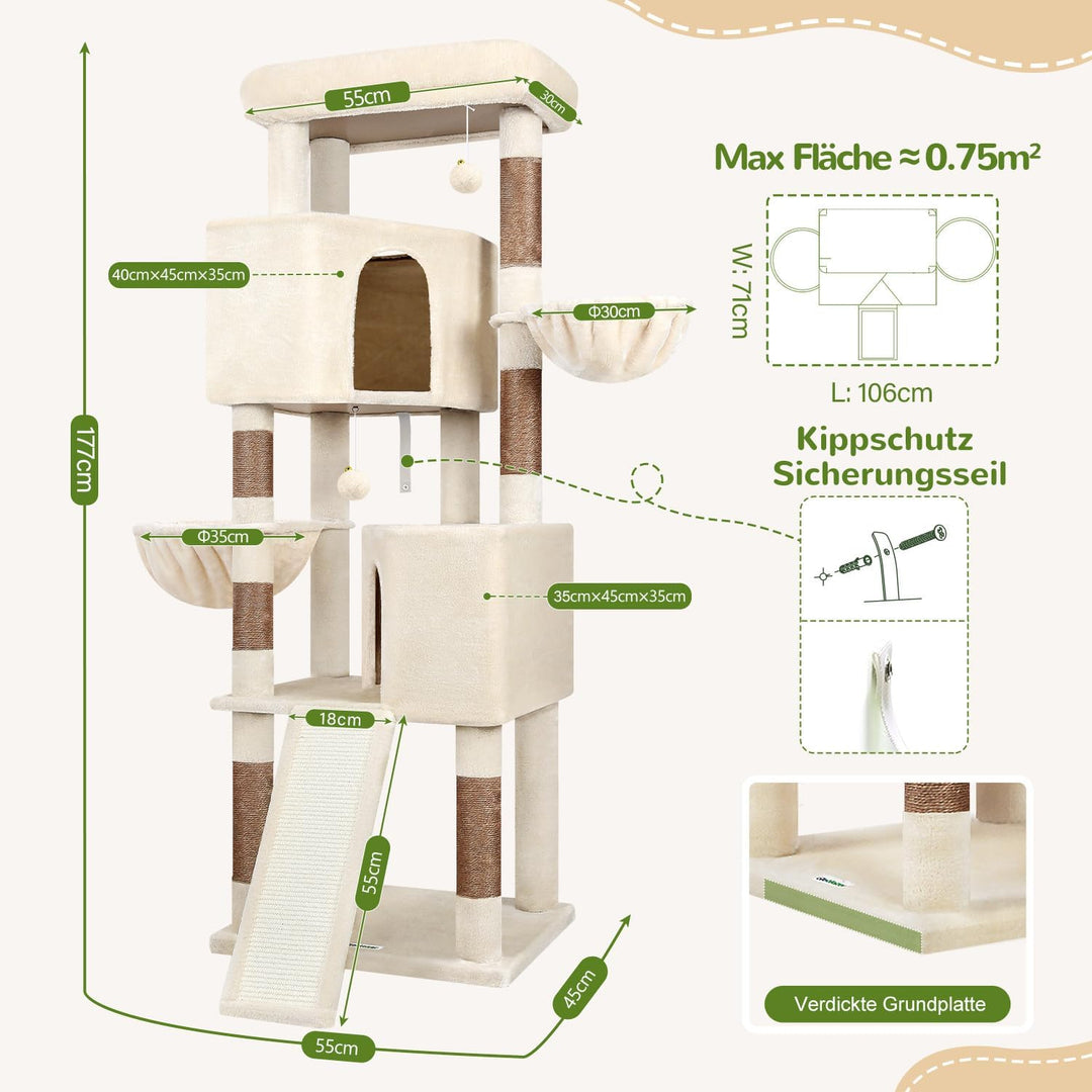 Globlazer Kratzbaum Beige XL Hoch 177cm mit 2 Grosser Katzenhaus, Kratzrampe Sisal, Gepolsterte Plat