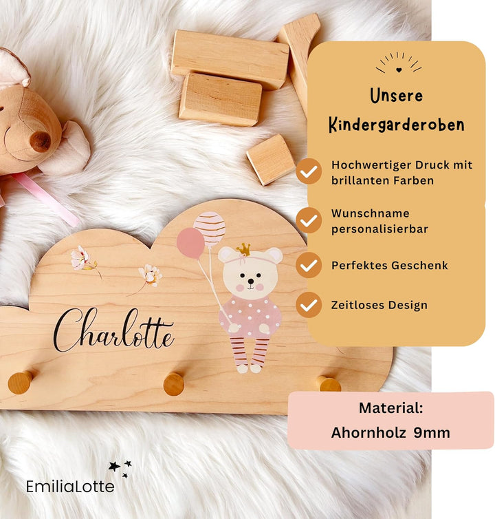 EmiliaLotte Kindergarderobe Personalisiert mit Wunschname I Garderobe Kinder aus Holz - Verschiedene