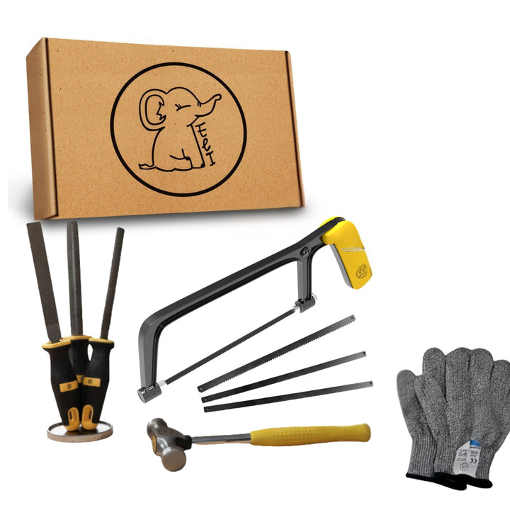 Eli® Werkzeug für Kinder inkl Schutzhandschuhe - Holzraspel - Säge - Hammer - Werkzeuge für Holz - r