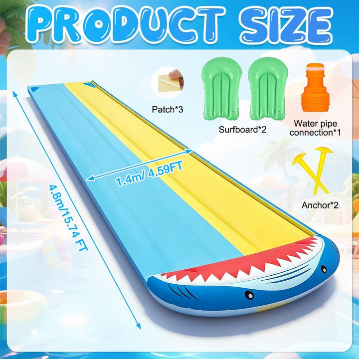 Wasserrutsche Garten für Kinder, 15.7ft/480cm Wasserrutschbahn mit 2 Bodyboards, Doppelte Rutschbahn