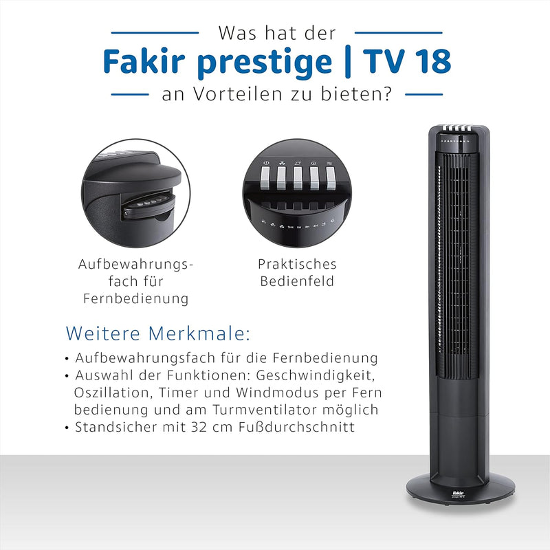 Fakir prestige TV 18 –Turmventilator mit Fernbedienung & 3 Leistungsstufen I Ventilator mit 60° Oszi