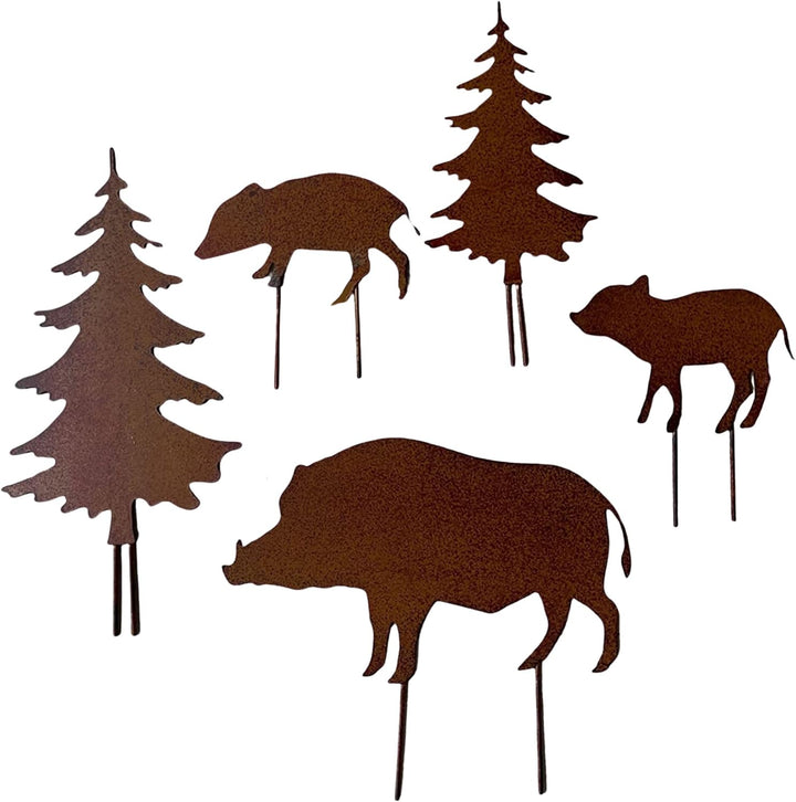 Storm's Gartenzaubereien Gartenstecker Wildschwein Figuren mit Tannen 5er Set in Rostoptik als Weihn