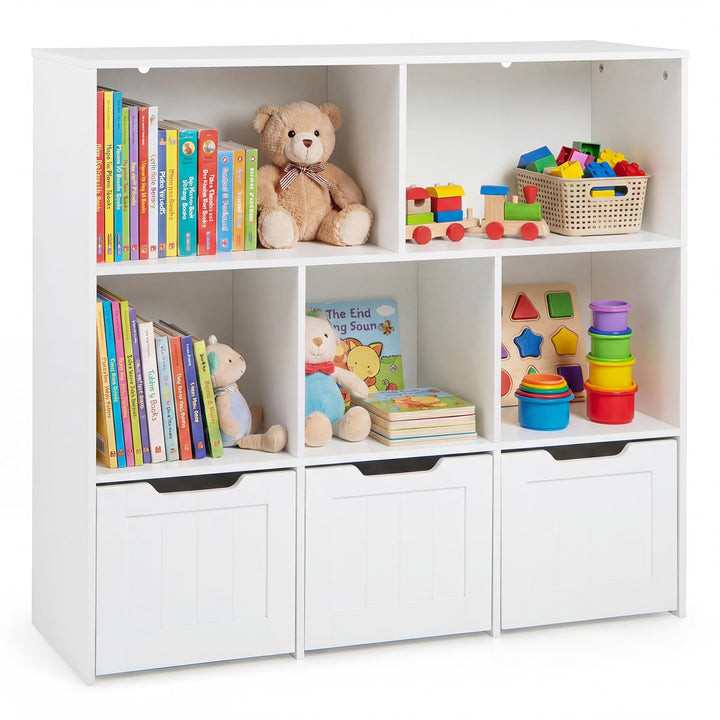 COSTWAY Kinderregal mit Boxen auf Rollen, Bücherregal Kinder mit 5 Fächern &amp; 3 Schubladen, Spielzeug