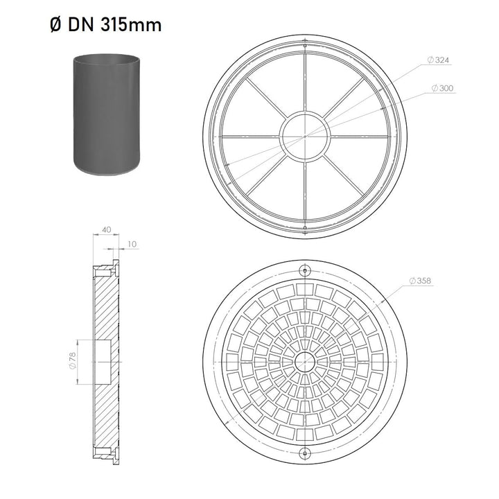 Kanaldeckel für Glattrohr Ø DN315 Schachtabdeckung Schachtdeckel Kontrollschacht Schwarz für Glattro