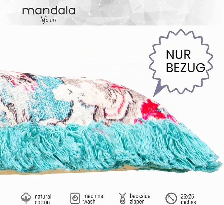 Mandala Life ART Meditationskissenbezug - 65 cm mit Fransen - Quadratisch bedruckter Boho Chic Boden