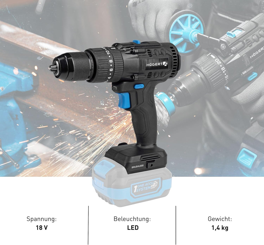 HÖGERT TECHNIK Bürstenloser Akku-Schlagbohrschrauber Set 18V, 80 Nm Drehmoment, 4,0 Ah Akku, 4A Lade