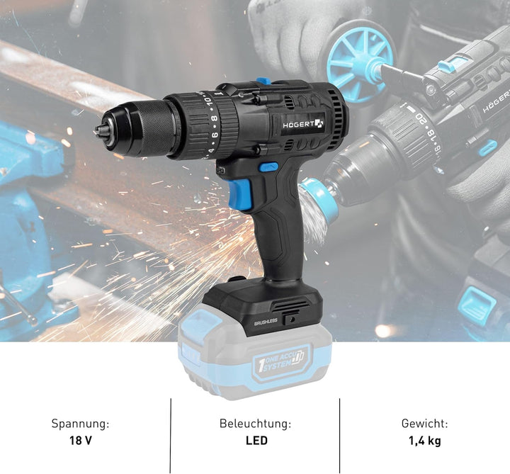 HÖGERT TECHNIK Bürstenloser Akku-Schlagbohrschrauber Set 18V, 80 Nm Drehmoment, 4,0 Ah Akku, 4A Lade
