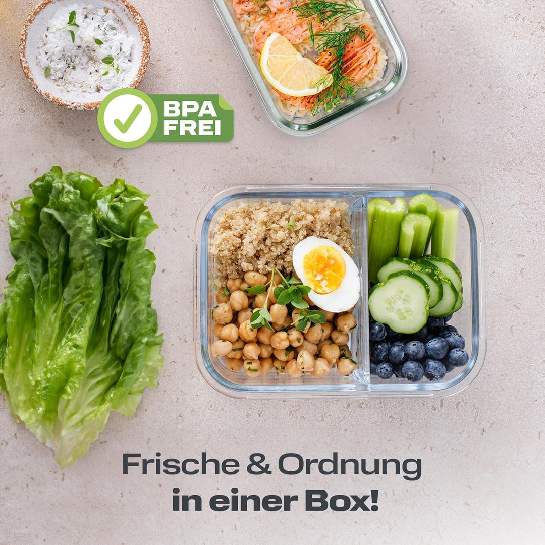 Eaze Life 3er-Set Meal Prep Box inkl. Deckel | Glas Frischhaltedosen | 2-fach mit Trennwand | luftdi