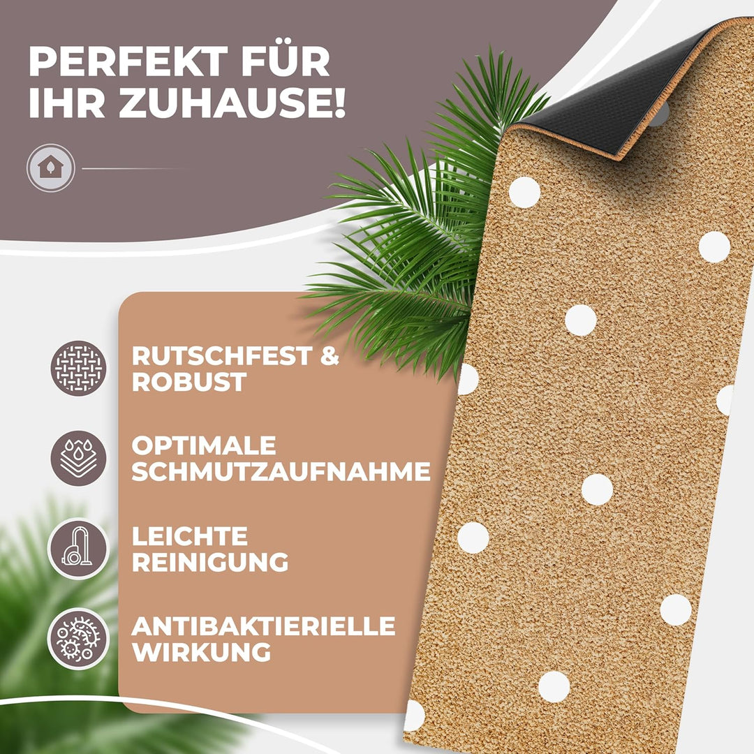 Kokos Fussmatte 75x25cm Punkte in weiss I Extra langlebige & rutschfeste Kokosmatte I Für Innen & Üb