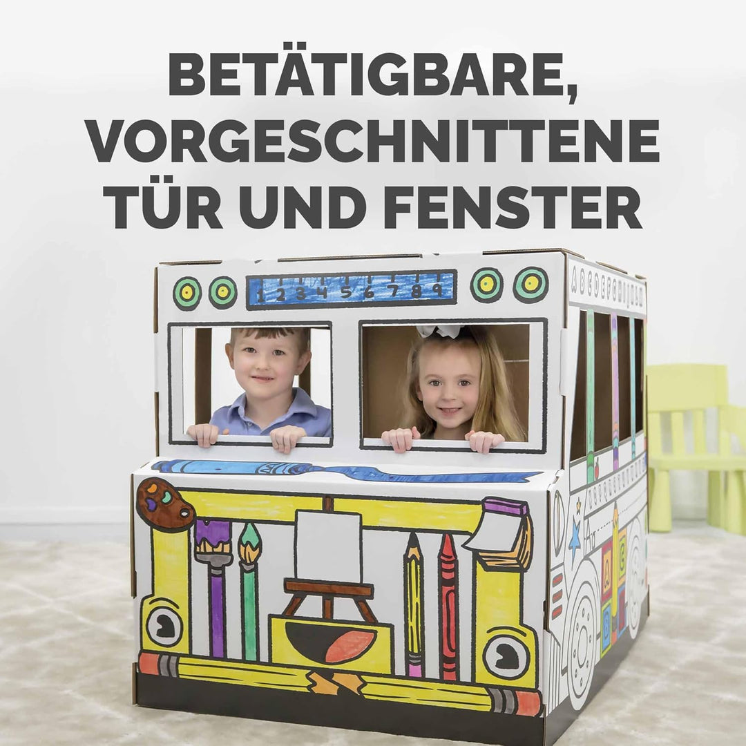 BANKERS BOX Colour-In School Bus Cardboard Playhouse für Kinder (114,3 x 78,74 x 83,82cm) - Craft Ac