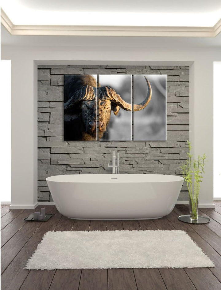 Pixxprint Kaffernbüffel mit kräftigen Hörnern B&W Detail 3-Teiler Leinwandbild 120x80 Bild auf Leinw