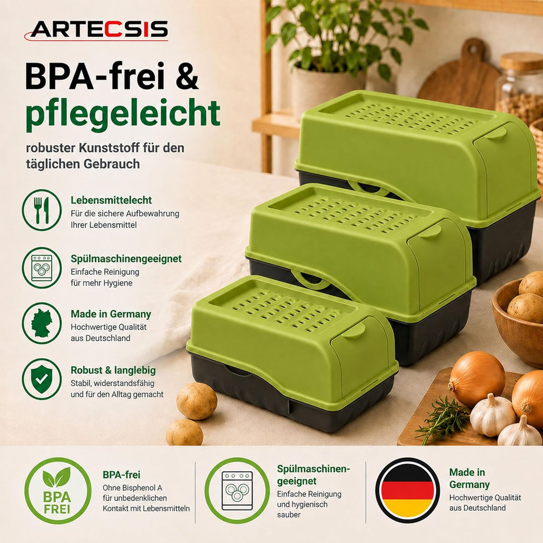 ARTECSIS Kartoffel Aufbewahrungsbox grün 2er Set I Gemüsebox Kartoffelbox mit Deckel für ca. 4 kg Ka