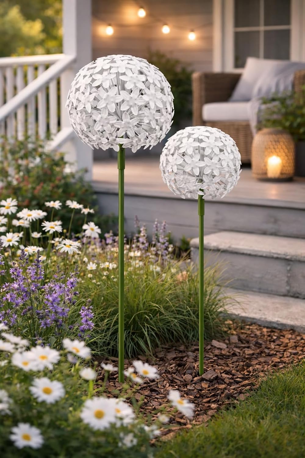 Allium Gartenstecker | 16x16cm & 20x20cm | 2er Set | Weiss | Metall | Gartendeko | Rankhilfe