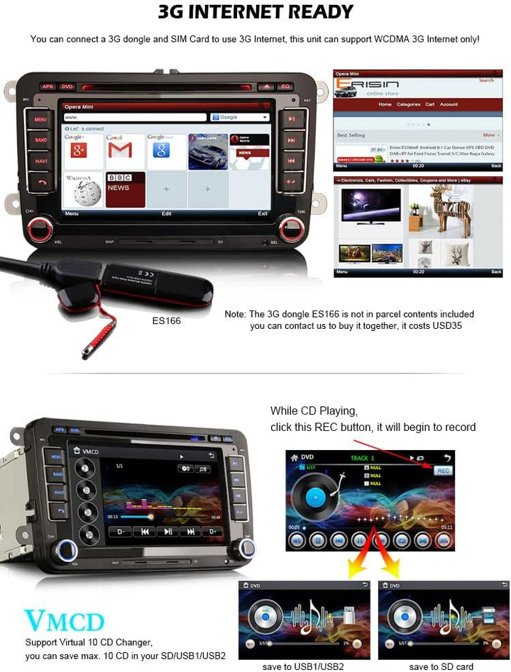 Erisin 7 Zoll Autoradio DVD Multimedia Player Touchscreen für VW Golf MK5 6 Passat Caddy Polo Tiguan
