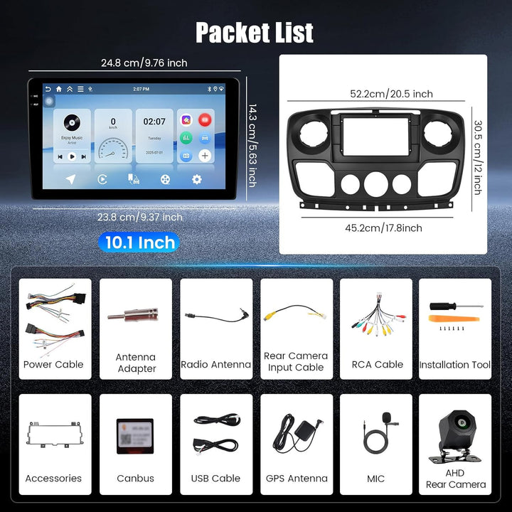 Hikity 4+128G Android 15 Autoradio für Opel Movano 2 Renault Master 3 Nissan NV400, 10.1" Bildschrim