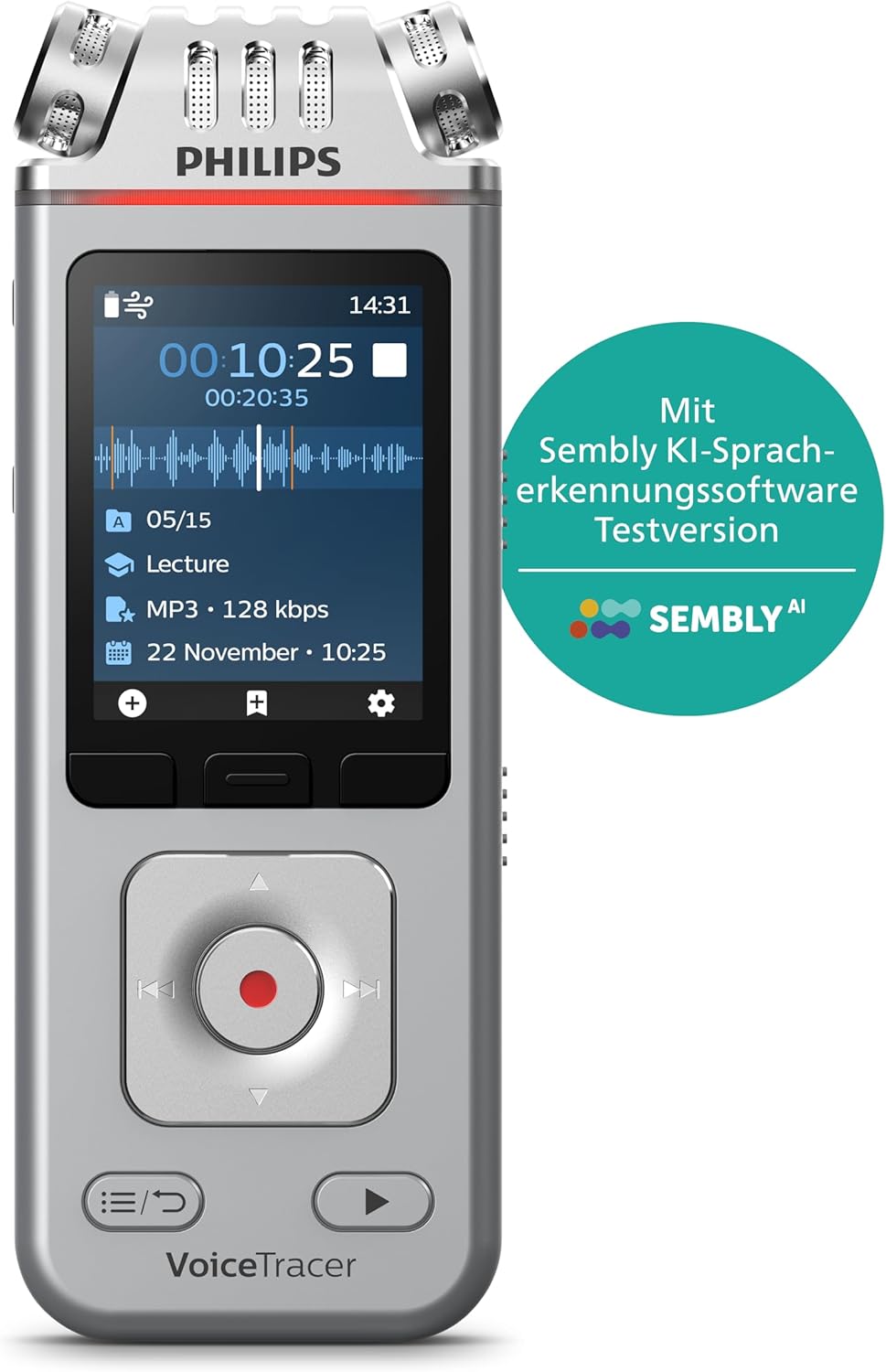 Philips DVT4115 VoiceTracer, Audio Recorder, MP3/PCM, 3 HiFi-Mikrofone, exzellente Fernaufnahme, Ink