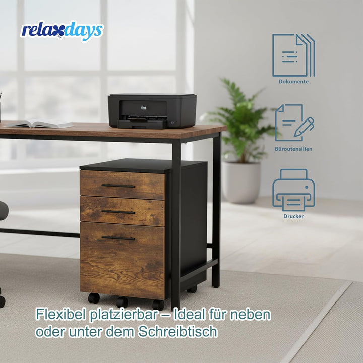 Relaxdays Rollcontainer, 3 Schubladen, Hängeregister, HxBxT: 57,5 x 40 x 40 cm, Aktenschrank auf Rol