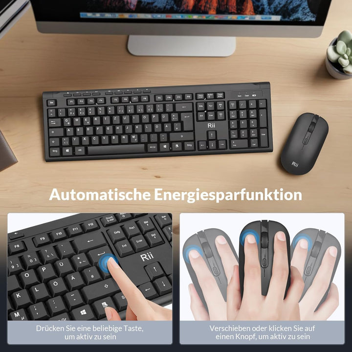 Rii Tastatur Maus Set Kabellos, Funktastatur mit Maus, 9 Shortcut-Tasten Wireless Keyboard and 4 DPI