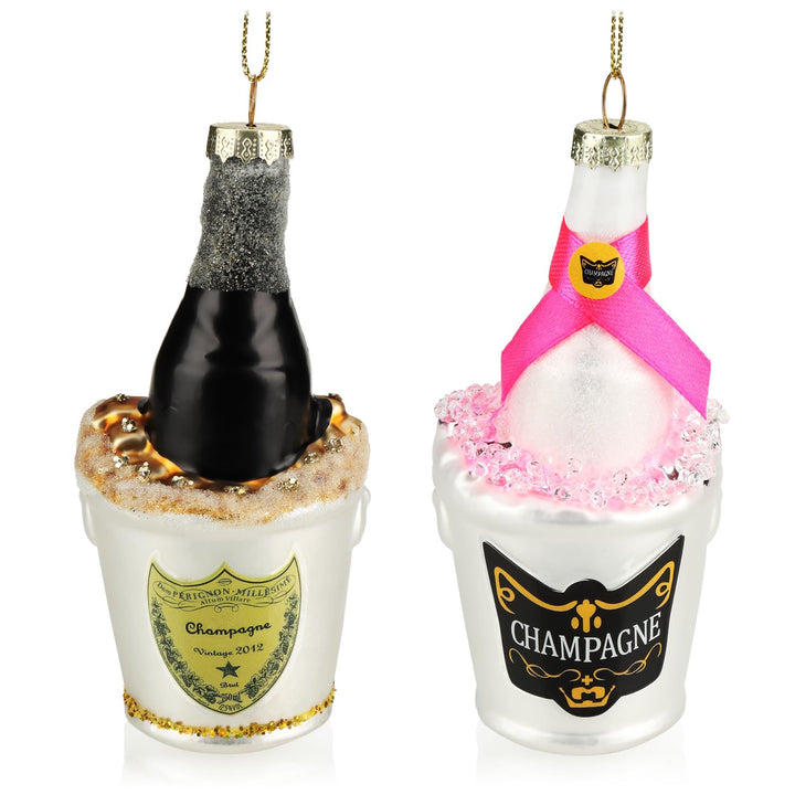 com-four® 2X Christbaumschmuck - Deko-Champagnerflasche im Sektkühler - besondere Baumkugeln als Wei