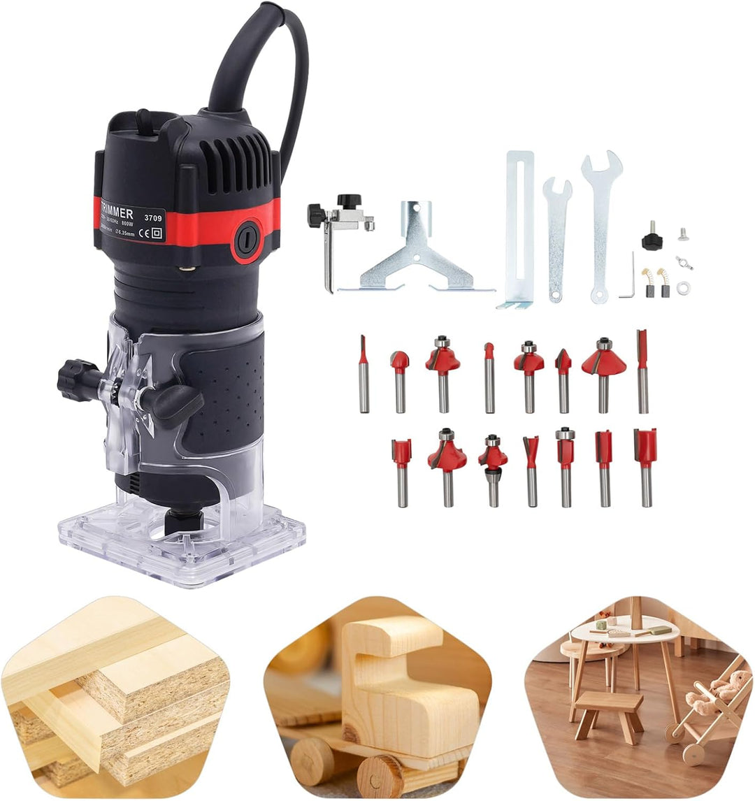 MINRS Oberfräse 800W Holzfräse Elektrische, Oberfräse Trimmer Einhandfräse 6,35mm Durchmesser Kanten