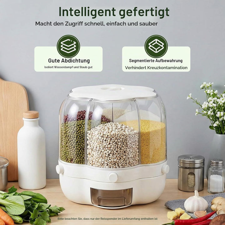 6-fach Müslispender, 360° Drehbarer Runder Reisspender, Luftdichte Trockenfutterbehälter mit Insekte