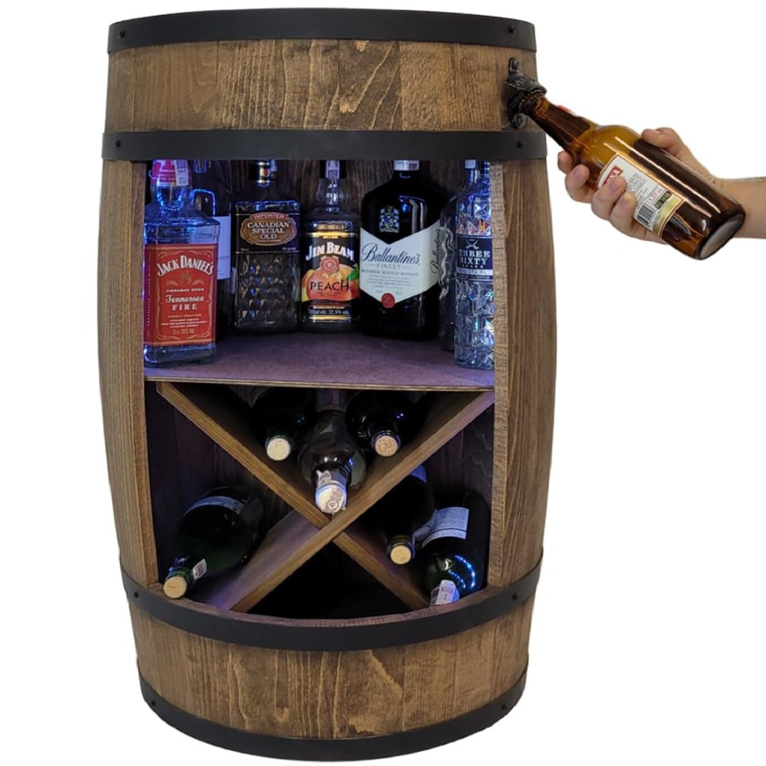 weeco Holzfass mit Flaschenöffner und Weinregal. Fassbar 80cm - Rustikale deko Barschrank - Hausbar