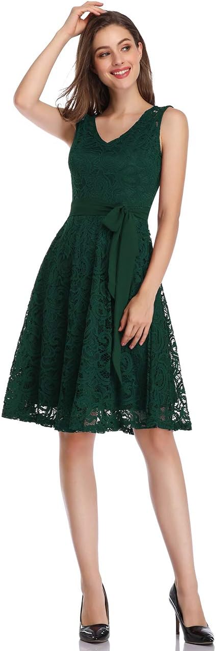 KOJOOIN Damen Vintage Brautjungfernkleider für Hochzeit Knielang Spitzenkleid Cocktailkleid Ballklei