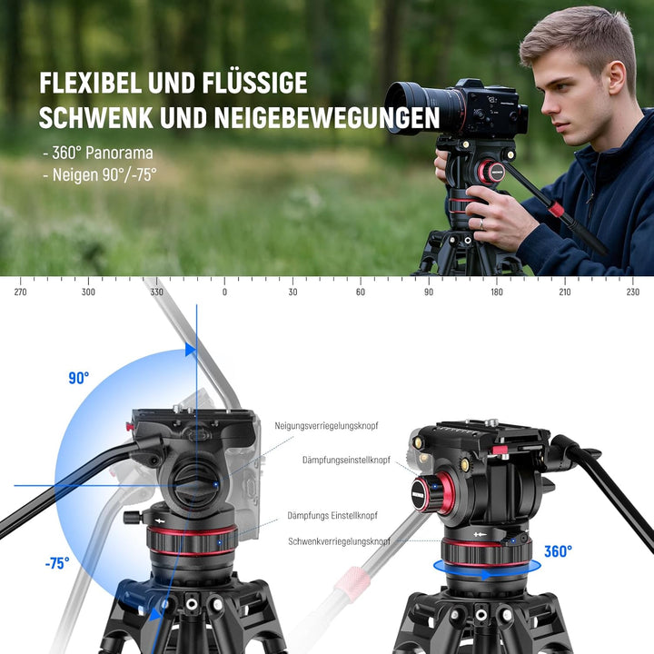 NEEWER 78" Kamera Videostativ aus Carbonfaser mit dämpfendem, Fluidkopf, One Step Schnellverschluss,