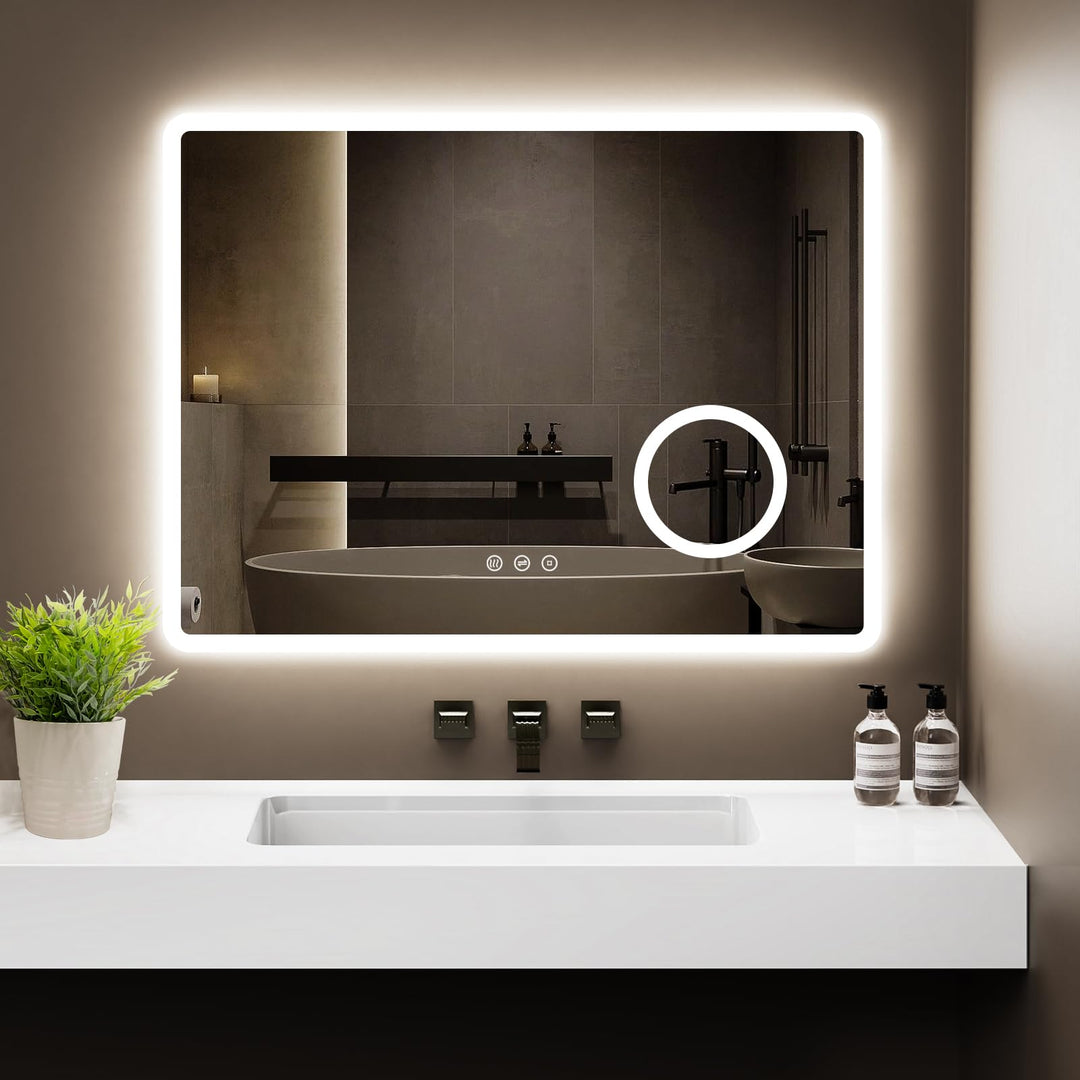 Badezimmerspiegel 80 x 60 cm mit Beleuchtung, 3 Lichtfarben, Dimmbar, Antibeschlag, 3-Fach Vergrösse
