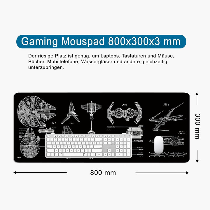 Schwarz Gaming Mousepad (Englischer) Schreibtischunterlage 800x300mm XL Mousepad Design Grosses Maus