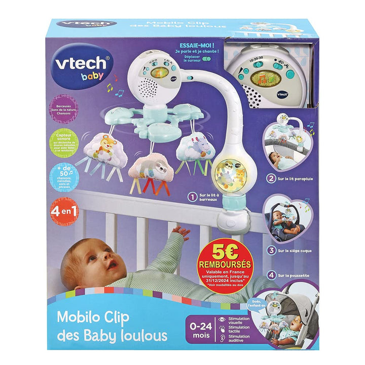 VTech - Mobilo Clip des Baby Loulous, Mobile Musical Babybett, Kinderwagen und Sitzschale, 3 Wolken