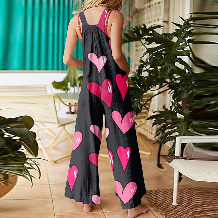 Valentinstag Jumpsuit Für Damen Herz Gedruckt Lässiger Ärmelloser Latzhose Locker Strampler Mit Tasc