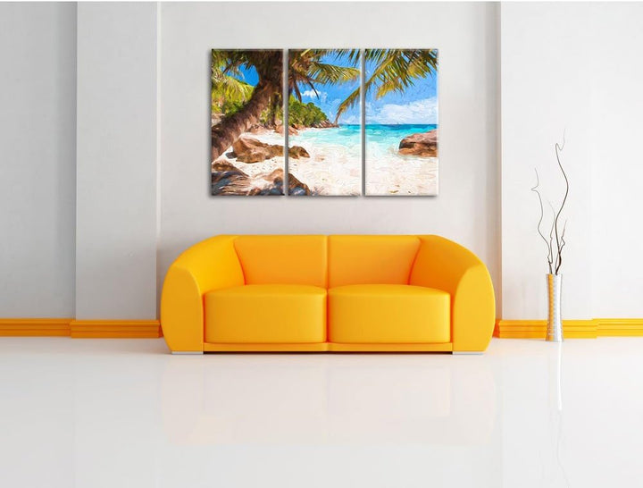 Pixxprint Palmenstrand Seychellen Kunst / 3-Teilig/Gesamtmass 120cm Leinwandbild bespannt auf Holzra