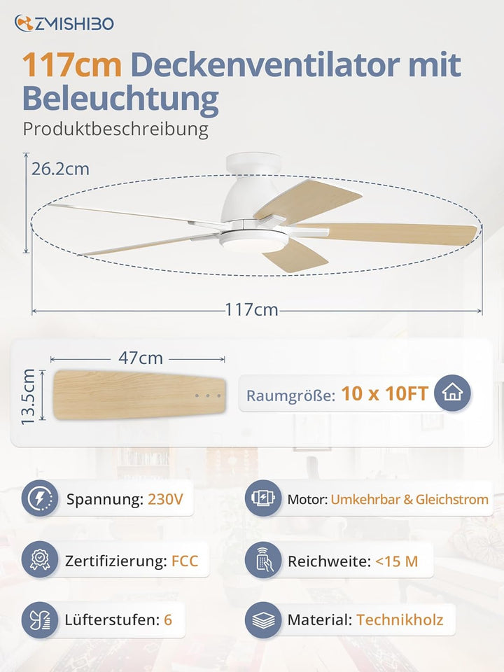 ZMISHIBO Deckenventilator mit Beleuchtung Ø117 cm,Leiser & Reversibler DC-Motor,Einstellbares LED 30